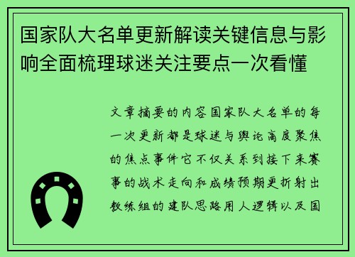 国家队大名单更新解读关键信息与影响全面梳理球迷关注要点一次看懂