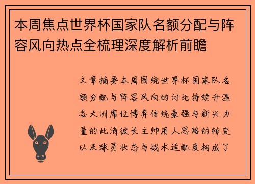 本周焦点世界杯国家队名额分配与阵容风向热点全梳理深度解析前瞻