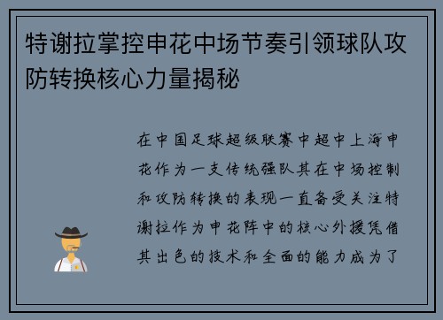 特谢拉掌控申花中场节奏引领球队攻防转换核心力量揭秘